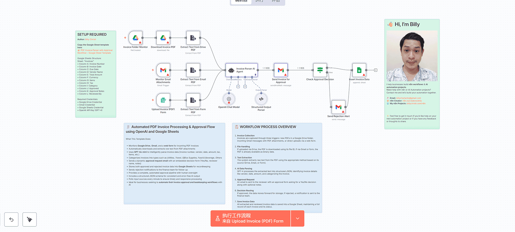 AI驱动的PDF发票解析器 - n8n工作流自动化Google Drive与Sheets集成