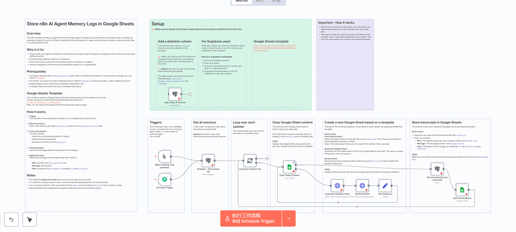 将n8n AI代理聊天记忆日志存储到Google Sheets工作流 - Postgres与Google Sheets集成