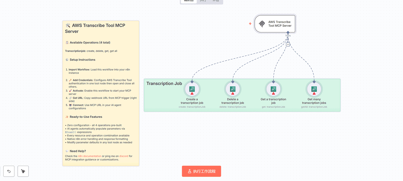 AWS Transcribe Tool MCP Server - n8n工作流为AI代理提供语音转录服务